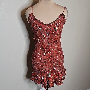 Karlie‎ Medium Abstract Leopard Cami Dress Rust Smocked ruffle hem